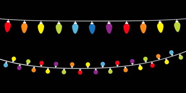 Noel ışıkları. Bayram şenlik Noel süslemesi. Parlayan bir çelenk. Renkli ip perisi ışık seti. Gökkuşağı rengi. Düz dizayn. Siyah arka plan. İzole edilmiş.