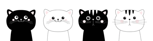 Μαύρο λευκό κεφάλι γάτα γραμμή περίγραμμα σιλουέτα σύνολο εικονίδιο. Ροζ ρουζ μάγουλα. Αστεία Kawaii χαμογελώντας λυπημένο ζώο doodle. Ωραίος αστείος χαρακτήρας καρτούν. Συλλογή κατοικίδιων. Επίπεδη σχεδίαση Baby φόντο. — Διανυσματικό Αρχείο