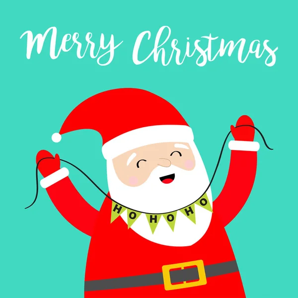 Счастливого Рождества. Санта Клаус держит флаги Хо хо хо буквы набор. Рождественское украшение. Гирлянда с треугольным флагом. Симпатичный мультик, забавный детский персонаж. Новый год. Поздравительная открытка. Синий фон . — стоковый вектор