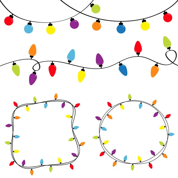 Christmas lights set. Colorful string fairy light. Round and square empty frame. Holiday festive round xmas decoration. Lightbulb glowing garland. Rainbow color. Flat design. White background. — Stock Vector