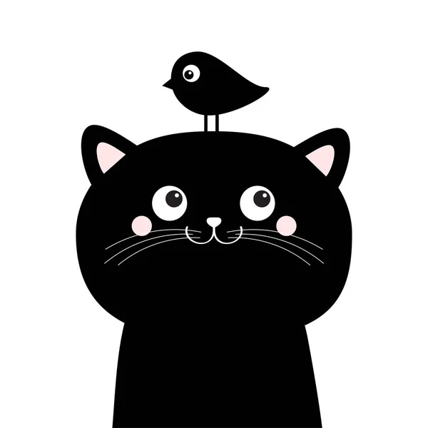 Silhueta de cara de gato preto olhando para cima para pássaro. Personagem de desenho animado bonito. Etiqueta animal Kawaii. Cartão de bebé. Feliz emoção. Coleção de animais. Estilo de design plano. Fundo branco. Isolados . — Vetor de Stock