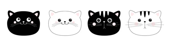 Black white cat head face line contour silhouette icon set. Funny kawaii smiling sad doodle animal. Pink blush cheeks. Cute cartoon funny character. Pet collection. Flat design Baby background. — Stock Vector