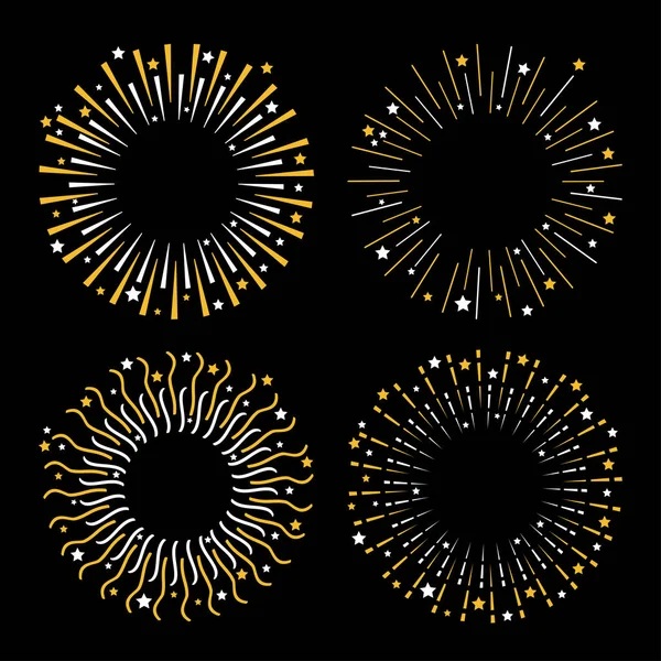 Festive fireworks. Star sparkle sunburst round frame set. Golden shine line burst. Merry Christmas. Happy New Year decoration. Cracker light. Firecracker burst. Flat design. Black background. — Stock Vector