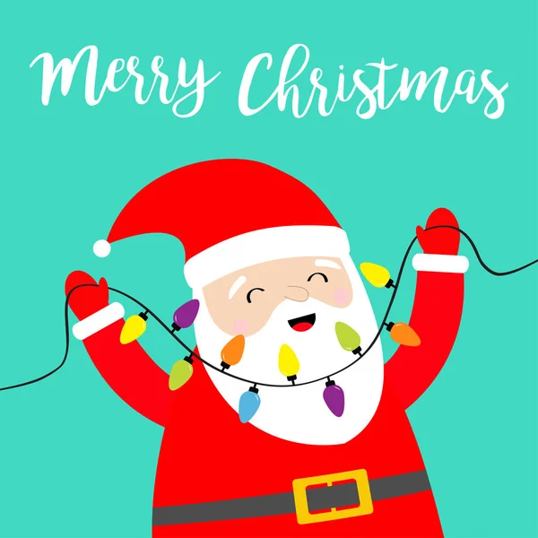 Санта Клаус, держащий счастливую рождественскую лампочку светящуюся гирляндскую фею. Рождественское украшение. Симпатичный мультик, забавный детский персонаж с улыбающимся лицом. Новый год. Поздравительная открытка. Синий фон . — стоковый вектор