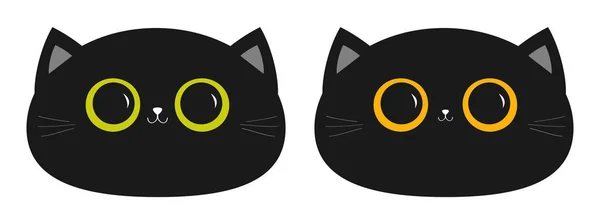 Black cat round head face icon set. Big yellow and green eyes. Small nose, ears. Cute funny cartoon character. Sad emotion. Kitty Whisker Baby pet collection. White background. Isolated. Flat design. — Stock Vector