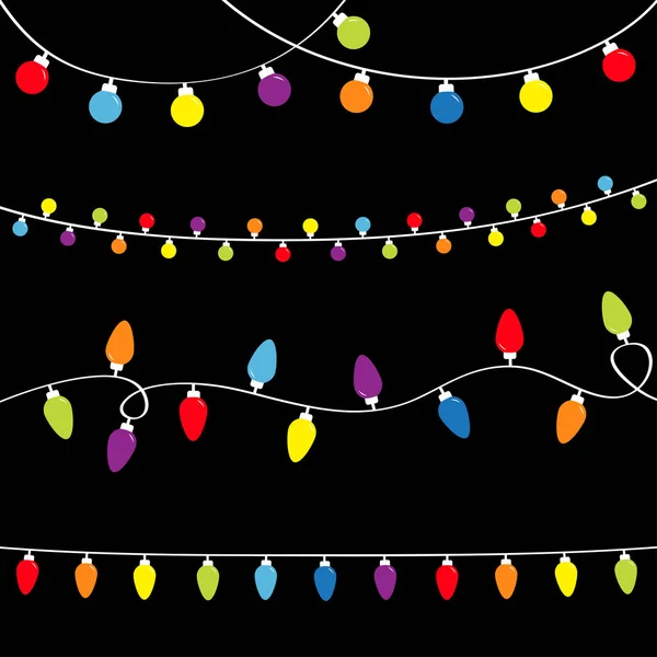 Luci di Natale accese. Festa festiva decorazione natalizia. Quattro ghirlande luminose. Colorato stringa fata luce colore arcobaleno. Design piatto. Fondo nero. Isolato . — Vettoriale Stock