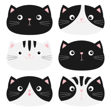 Kedi kafası ikonu hazır. Siyah ve beyaz. Komik Kawaii gülümseyen bebek hayvan. Farklı duygular. Sevimli çizgi film komik karakteri. Hayvan koleksiyonu. Düz dizayn. Çocuk geçmişi. İzole edilmiş.