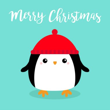 Mutlu noeller. Penguen kuşu kafa üstü yuvarlak gövde ikonu. Kırmızı şapka. Tatlı çizgi film kawaii komik karakter. Merhaba kış. Bebek tebrik kartı. Çocuk geçmişi. Düz tasarım.