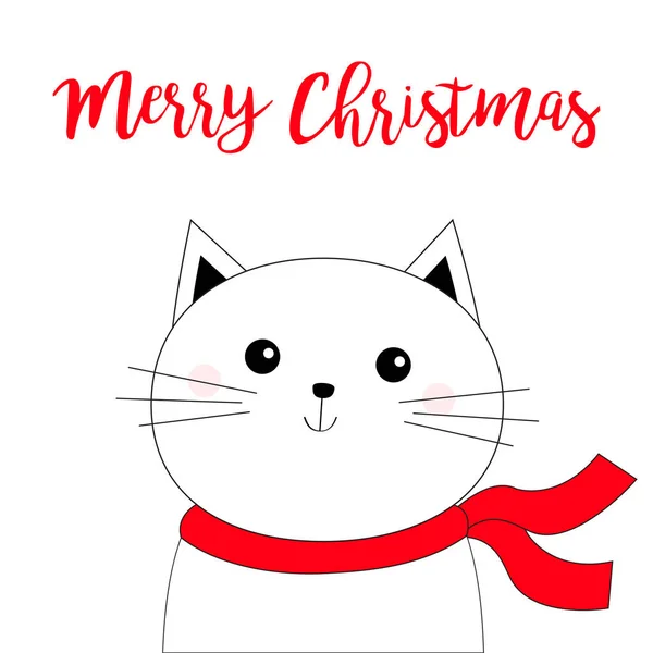 圣诞快乐。 猫科动物:猫科动物脸黑线图标. 红领巾和帽子。 你好，冬天。 卡通片Kawaii有趣的角色。 婴儿贺卡。 白色背景。 平面设计 — 图库矢量图片