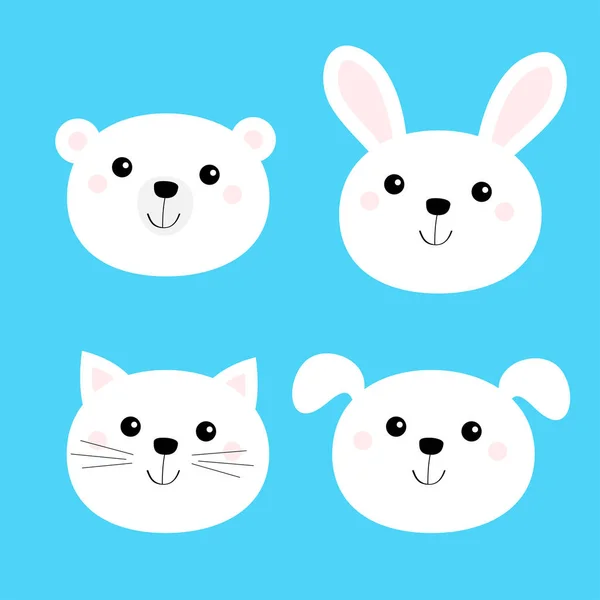 Kočičí kotě, medvěd, pes, zajíc. Zvířecí hlava kulatá ikona nastavena. Bílá barva. Roztomilý karikatura kawaii legrační dětská postava. Plochý. Izolovaný. Modré pozadí. — Stockový vektor