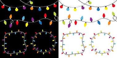 Christmas lights big set. Round and square empty frame. Colorful string fairy light. Holiday festive round xmas decoration. Lightbulb glowing garland. Flat design. White Black background.