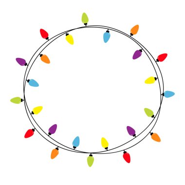 Christmas lights round frame. Holiday festive xmas decoration. Colorful string fairy light set. Lightbulb glowing garland. Rainbow color. Flat design. Isolated. White background.