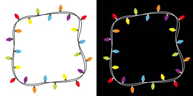 Christmas lights square frame set. Colorful string fairy light set. Holiday festive xmas decoration. Lightbulb glowing garland. Rainbow color. Flat design. Isolated. White black background.