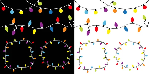 Kerstverlichting grote set. Rond en vierkant leeg frame. Kleurrijk koord feeënlicht. Feestelijke feestdag rond kerstversiering. Een gloeiende bloemenslinger. Vlak ontwerp. Witte zwarte achtergrond. — Stockvector