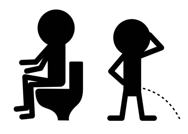 Pissing pooping boy set. Man gender icon set. Restroom wc door symbol sittin on toilet bowl. Black silhouette pictogram. Gentleman figures. Flat design. Isolated. White background. — Stock Vector