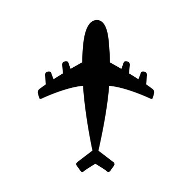 Hava uçağı ikonu. Siyah siluet şekilli. Uçak uçuş işareti sembolü. Seyahat konsepti. Düz dizayn. Beyaz arka plan. İzole edilmiş.