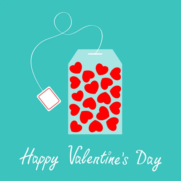 Teabag with red heart set inside. Happy Valentines Day Love greeting card. Teabag packaging with label icon. Top wiew. Flat design. Isolated. Blue background. — Stock Vector