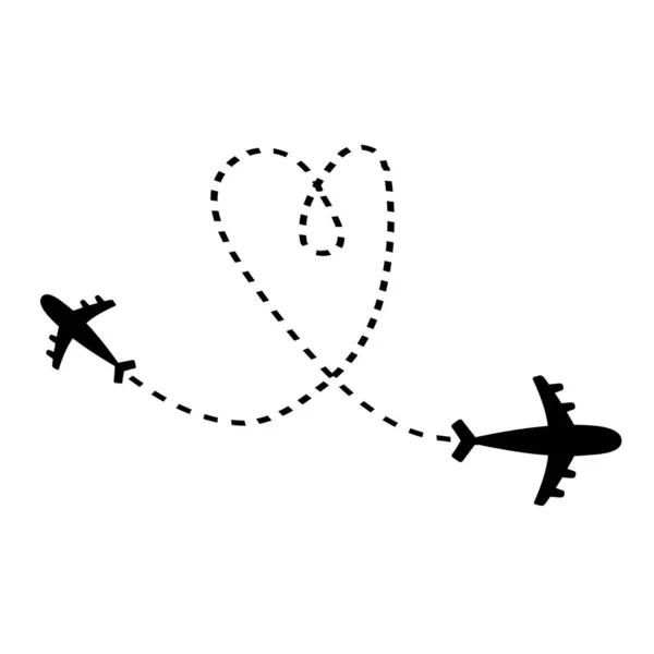 Air plane icon set. Black silhouette shape. Two iirplane flying. Dash line heart loop in the sky. Travel trace. Happy Valentines Day Love romantic card. Flat design. White background. Isolated. — Stock Vector