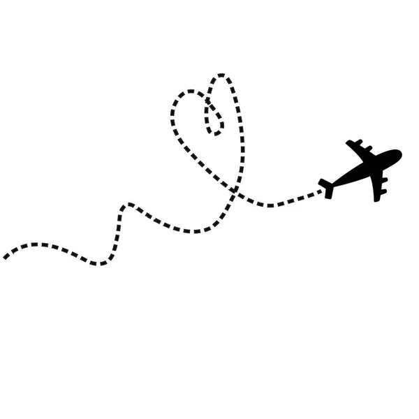 Hava uçağı ikonu. Siyah siluet şekilli. Uçak uçuşu. Gökyüzündeki çizgi kalp döngüsü. Seyahat izi. Sevgililer Günü Aşk Kartın kutlu olsun. Düz dizayn. Beyaz arka plan. İzole edilmiş. — Stok Vektör