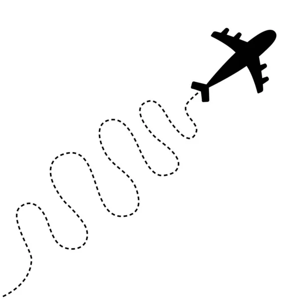 Ícone de avião. Forma de silhueta preta. Avião a voar. Zigzag traço linha loop no céu. Traço de viagem. Adoro cartões românticos. Design plano. Fundo branco. Isolados . — Vetor de Stock