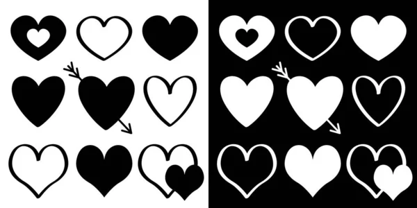 Ensemble d'icônes de silhouette coeur. Forme différente, flèche, ligne. Effet papier et gribouillage. Joyeux Valentines signe symbole template.Love carte de souhaits. Design plat. Isolé. Fond blanc noir . — Image vectorielle