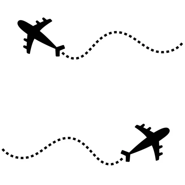 2機の航空機のアイコンセット。黒のシルエット。飛行機が飛んでる空にジグザグのダッシュラインループ。旅の痕跡だ恋愛カードが好き。フラットデザイン。白地だ隔離。. — ストックベクタ