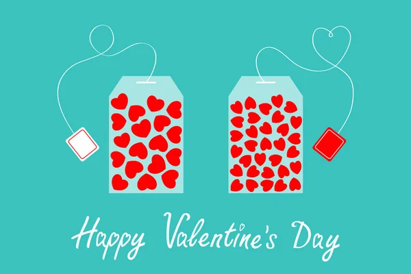 Fröhlicher Valentinstag. zwei Teebeutel mit rotem Herz darin. liebe Grußkarte. Teebeutelverpackung mit Etikettensymbol. flache Bauweise. Ganz oben. Vereinzelt. blauer Hintergrund. — Stockvektor