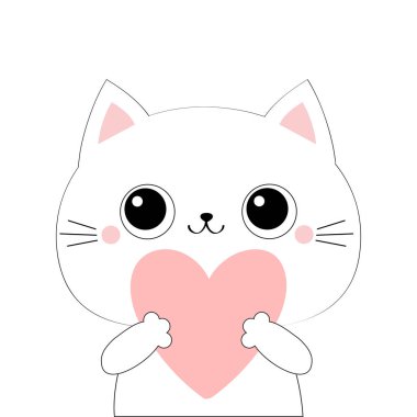 Kedi kedicik surat, büyük pembe kalp taşıyor. Sevgililer Günün kutlu olsun. Şirin çizgi film kawaii komik hayvan karakteri. Düz dizayn. Aşk kartı. Beyaz arka plan. İzole edilmiş.