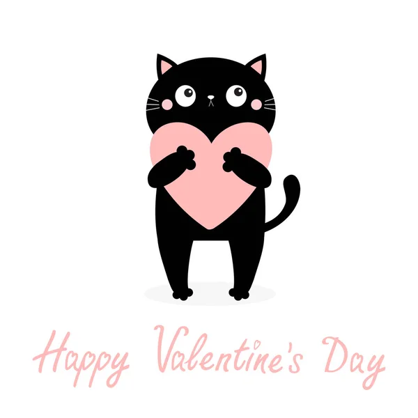 Happy Valentines Day. Black cat kitten kitty holding pink heart. Cute cartoon kawaii funny animal character. Flat design. Love card. White background. Isolated. — 스톡 벡터