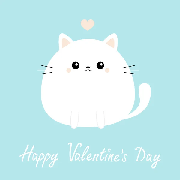 Szczęśliwych Walentynek. Biały kot ikona kotka. Śmieszna głowa. Cute kawaii kreskówki okrągły charakter. Różowe serce. Szablon kartki z życzeniami dziecka. Niebieskie tło. Płaska konstrukcja. — Wektor stockowy