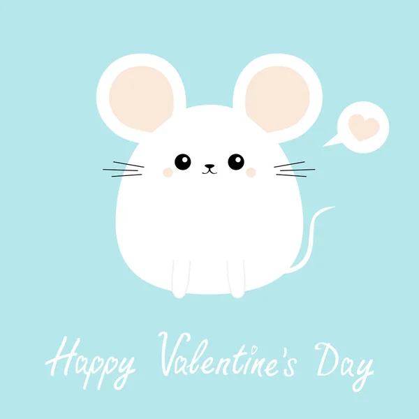 Icono del ratón blanco. Feliz día de San Valentín. Cara graciosa. Lindo personaje redondo de dibujos animados kawaii. Corazón rosado. Plantilla de tarjeta de felicitación bebé. Fondo azul. Diseño plano . — Archivo Imágenes Vectoriales