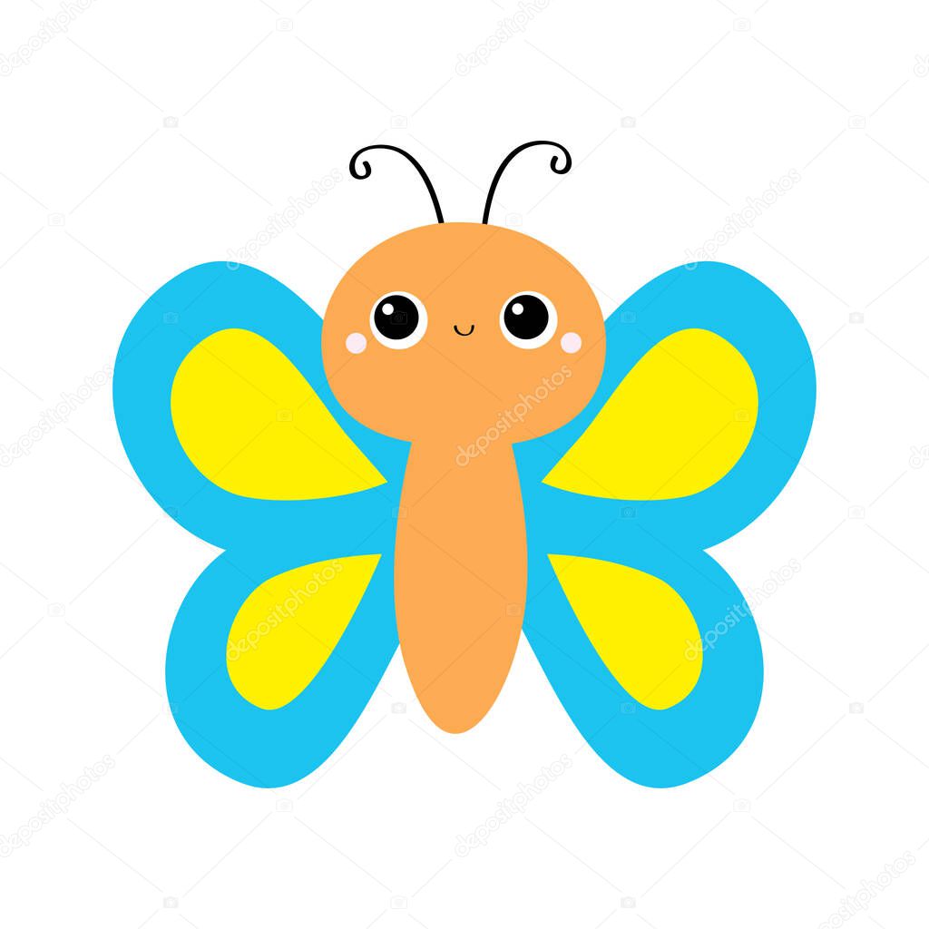 Butterfly flying insect icon. Blue Yellow color. Cute cartoon kawaii funny animal character. Smiling face. Baby kids collection. Flat design. White background. Isolated.