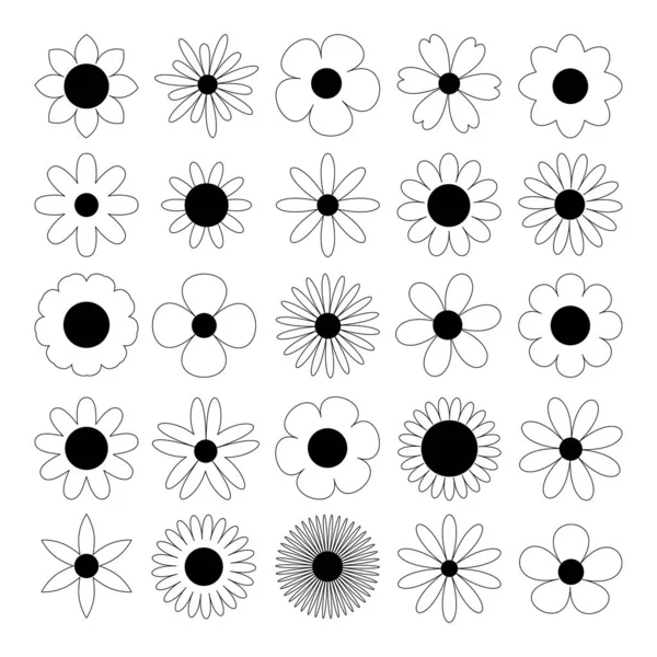 Camomila pronta. Ícone de forma de silhueta de camomila margarida preta. Bonito flor redonda coleção da natureza da planta. Símbolo de cartão de amor. Concepção crescente. Elemento de decoração. Design plano. Fundo branco. Isolados . — Vetor de Stock