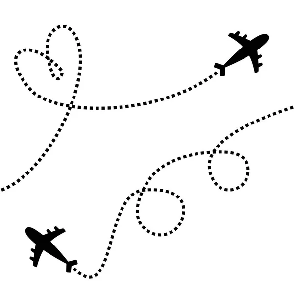 飛行機のアイコンセット。飛行機が２機飛んでる空のダッシュラインハートラウンドループ。黒のシルエット。旅の痕跡だハッピーバレンタインデーラブロマンチックなカード。フラットデザイン。白地だ隔離。. — ストックベクタ