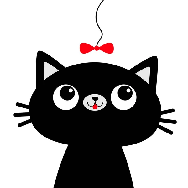 Cat head face looking at red bow on thread. Cute cartoon funny character. Black silhouette sticker print. Kawaii animal. Pet baby collection Kids greeting card. Flat design. White background. — Stock Vector