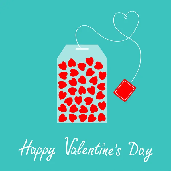 Happy Valentines Day. Teabag with red heart set inside. Love greeting card. Teabag packaging with label icon. Top wiew. Flat design. Isolated. Blue background. — Stock Vector