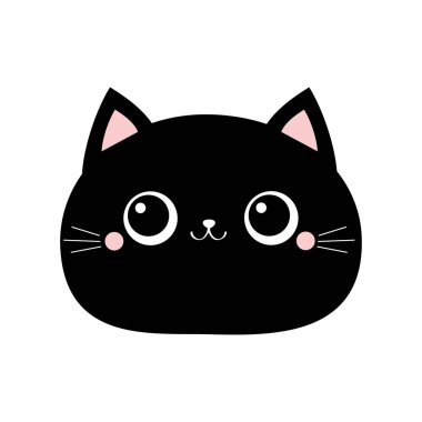 Siyah kedi yuvarlak yüz ikonu. Sevimli çizgi film komik karakteri. Kawaii yavru kedi hayvanı. Tebrik kartı. Düz tasarım tarzı. Beyaz arka plan. İzole edilmiş.
