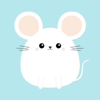 Beyaz fare simgesi. Komik surat. Şirin bir kawaii çizgi film karakteri. Bebek tebrik kartı şablonu. Mutlu Paskalya işaretleri. Mavi arka plan. Düz tasarım.