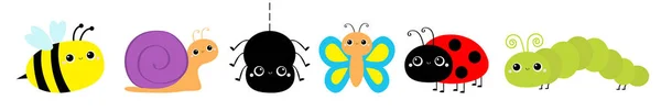 Serangga mengatur garis. Ladybug ladybird, kupu-kupu, ulat hijau, laba-laba, lebah madu, siput. Cute kartun kawaii karakter bayi hewan. Rancangan yang datar. Terisolasi. Latar belakang putih . - Stok Vektor