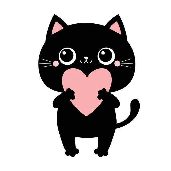 Gato negro gatito de pie y sosteniendo gran corazón rosa. Feliz día de San Valentín. Lindo personaje de dibujos animados kawaii divertido animal. Diseño plano. Tarjeta de amor. Fondo blanco. Aislado . — Archivo Imágenes Vectoriales