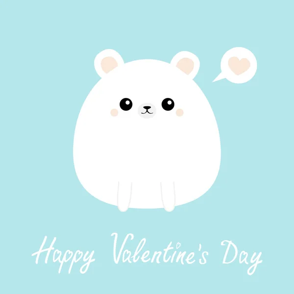 Weißbärensymbol. fröhlicher Valentinstag. Lustiges Gesicht. niedlichen Kawaii Cartoon runde Figur. rosa Herz. Vorlage für eine Baby-Grußkarte. blauer Hintergrund. flache Bauweise. — Stockvektor