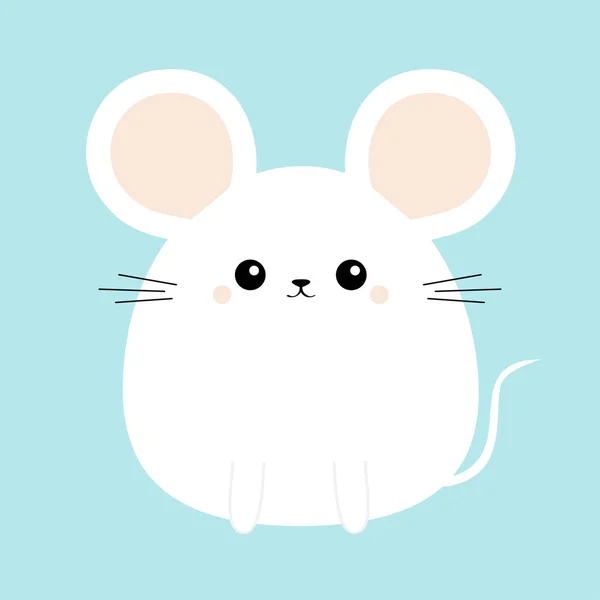 White mouse icon. Funny head face. Cute kawaii cartoon round character. Baby greeting card template. Happy Easter sign symbol. Blue background. Flat design. — ストックベクタ