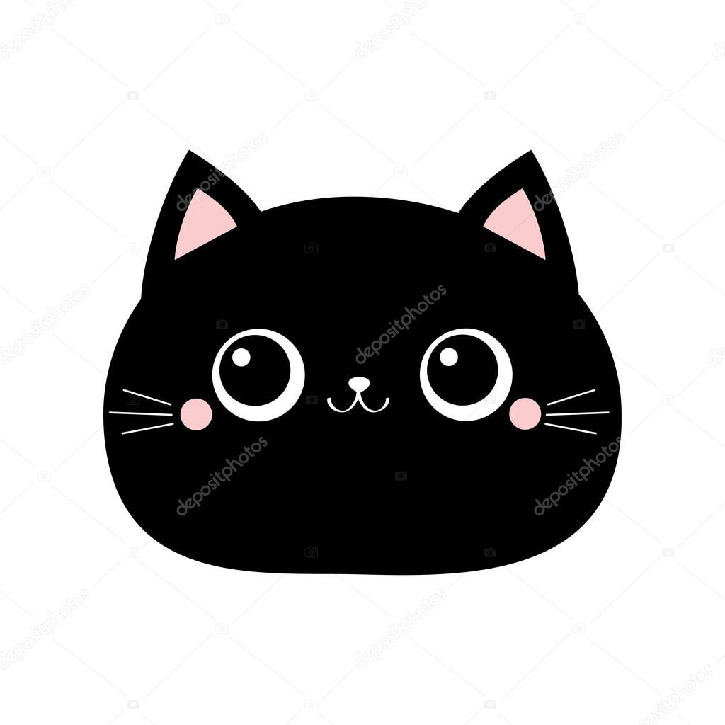 Black cat round face icon. Cute cartoon funny character. Kawaii kitten baby animal. Love Greeting card. Flat design style. White background. Isolated.