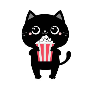 Black cat holding eating popcorn. Cinema theater. Cute cartoon kawaii funny baby character. Film show. Kitten watching movie. Flat design. White background. Isolated.