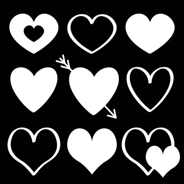 Ensemble d'icônes silhouette coeur blanc. Forme différente, flèche, ligne. Effet papier et gribouillage. Joyeux Valentines signe symbole template.Love carte de souhaits. Design plat. Isolé. Fond noir . — Image vectorielle