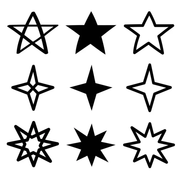 Star Sparkles semn simbol set de pictograme. Forma siluetei negre. Desen manual imagine doodle. Drăguţă colecţie de forme. Element de decorare de Crăciun. Design plat. Fundal alb . — Vector de stoc