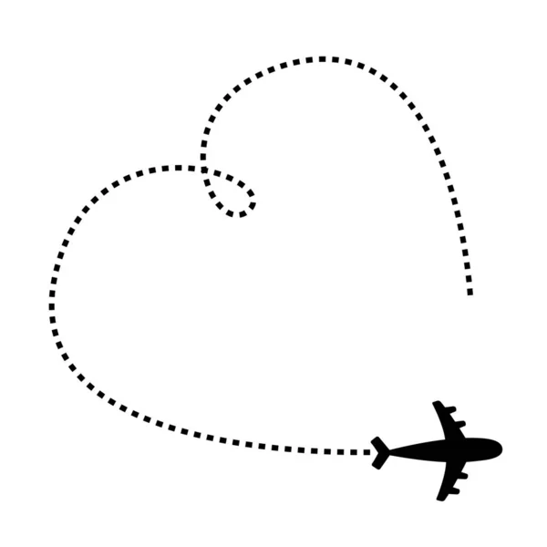 Εικονίδιο αεροπλάνου. Μαύρο σχήμα σιλουέτας. Αεροπλάνο που πετάει. Μεγάλη παύλα γραμμή της καρδιάς βρόχο στον ουρανό. Ίχνη ταξιδιού. Χαρούμενη Ημέρα του Αγίου Βαλεντίνου, ρομαντική κάρτα. Επίπεδη σχεδίαση. Απομονωμένοι. Λευκό φόντο. — Διανυσματικό Αρχείο