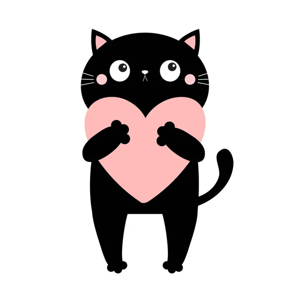 Czarny kot kotek trzymający różowe serce. Szczęśliwych Walentynek. Cute kreskówki kawaii zabawny charakter zwierząt. Płaska konstrukcja. Karta miłości. Białe tło. Izolacja. — Wektor stockowy