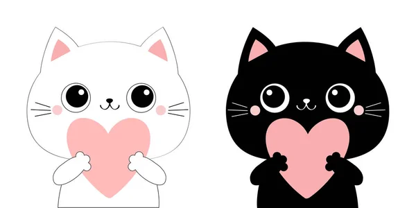 Cat kitten kitty head face holding big pink heart. Family couple. Happy Valentines Day. Cute cartoon kawaii funny animal character set. Flat design. Love card. White background. Isolated. — 스톡 벡터