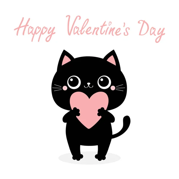 Happy Valentines Day. Black cat kitten kitty standing and holding big pink heart. Cute cartoon kawaii funny animal character. Flat design. Love card. White background. Isolated. — Stok Vektör